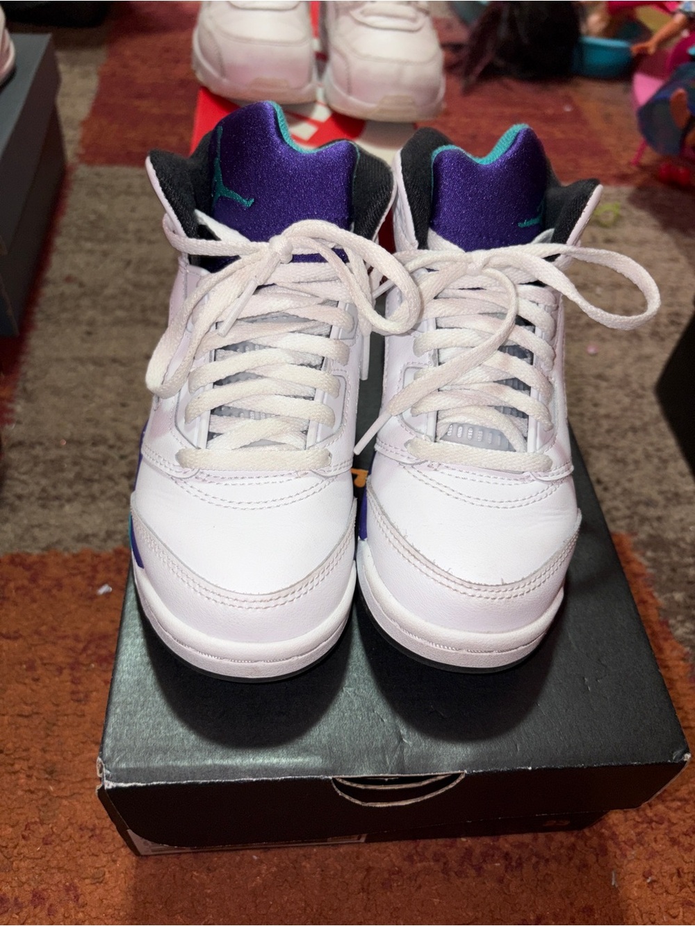 Jordan 5 Kids White Sneakers with Purple and Teal Accents